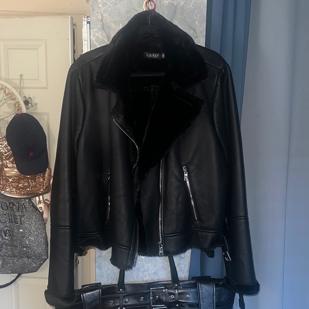 Lauren by Ralph Lauren Faux Leather Moto Jacket with Faux Fur Lining